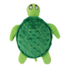 A plush green toy shaped like a turtle with a textured shell and friendly face.