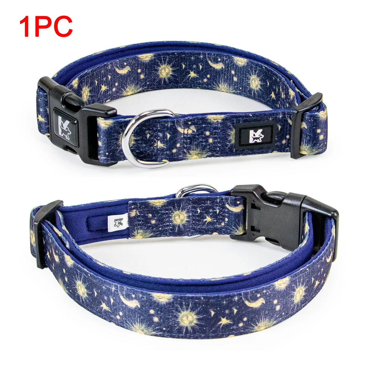 A dark blue plaid polyester dog collar with a black buckle and silver ring, featuring a starry pattern.