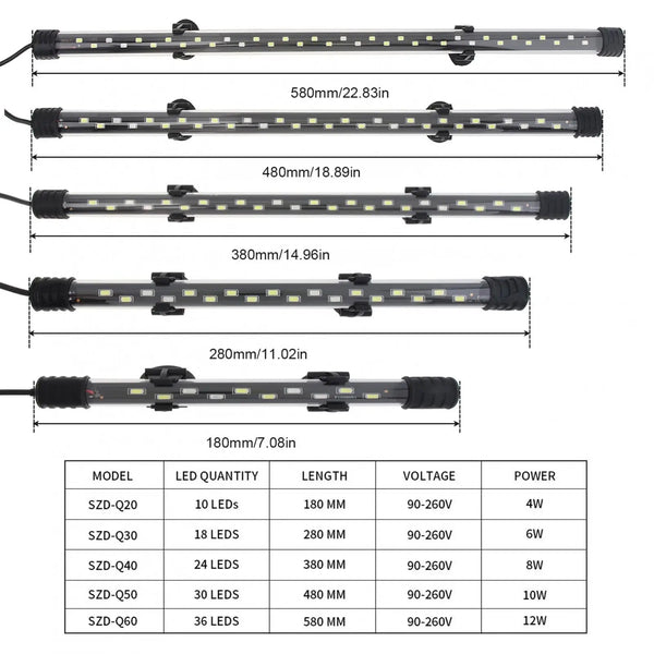 A series of submersible LED aquarium lights shown with various lengths and LED quantities.