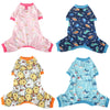 A collection of four cute animal print dog jumpsuits and onesies for small breeds in various colors