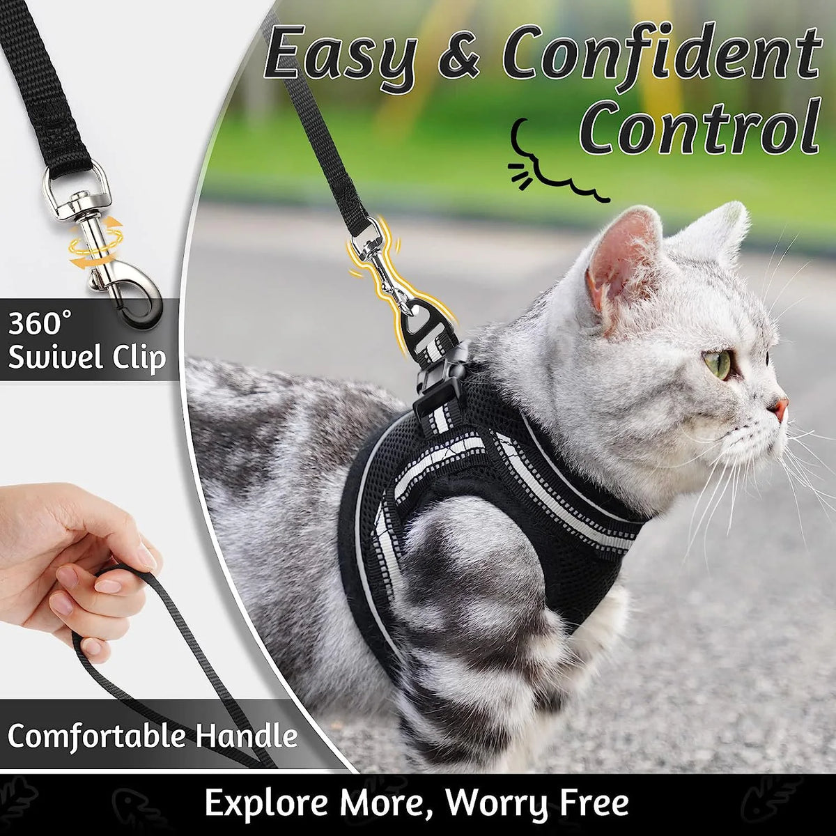 Escape-Proof Cat Harness and Leash Set with Reflective Strips