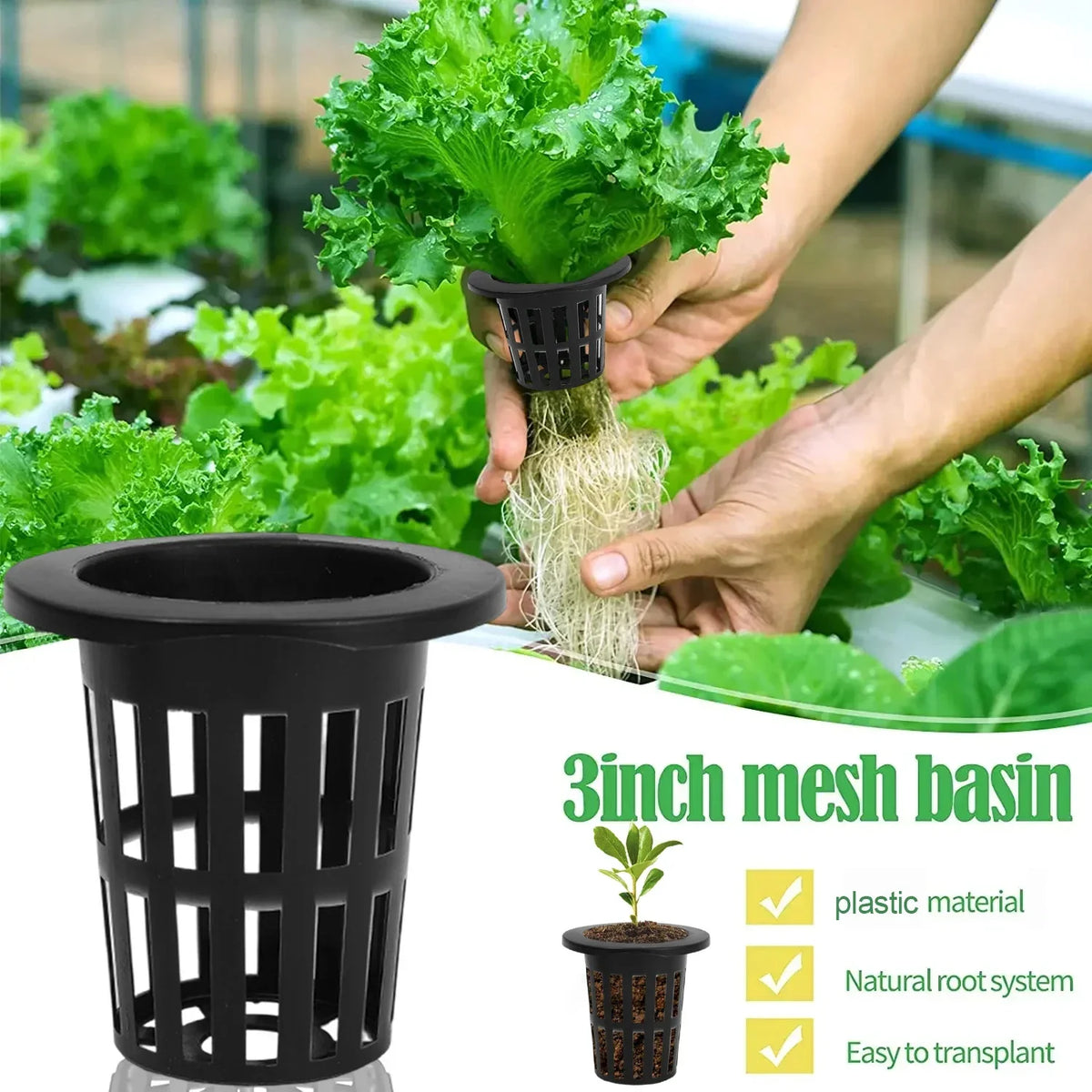 A hand is holding a plant with roots in a black mesh net pot, demonstrating the easy transplanting of this plastic material f
