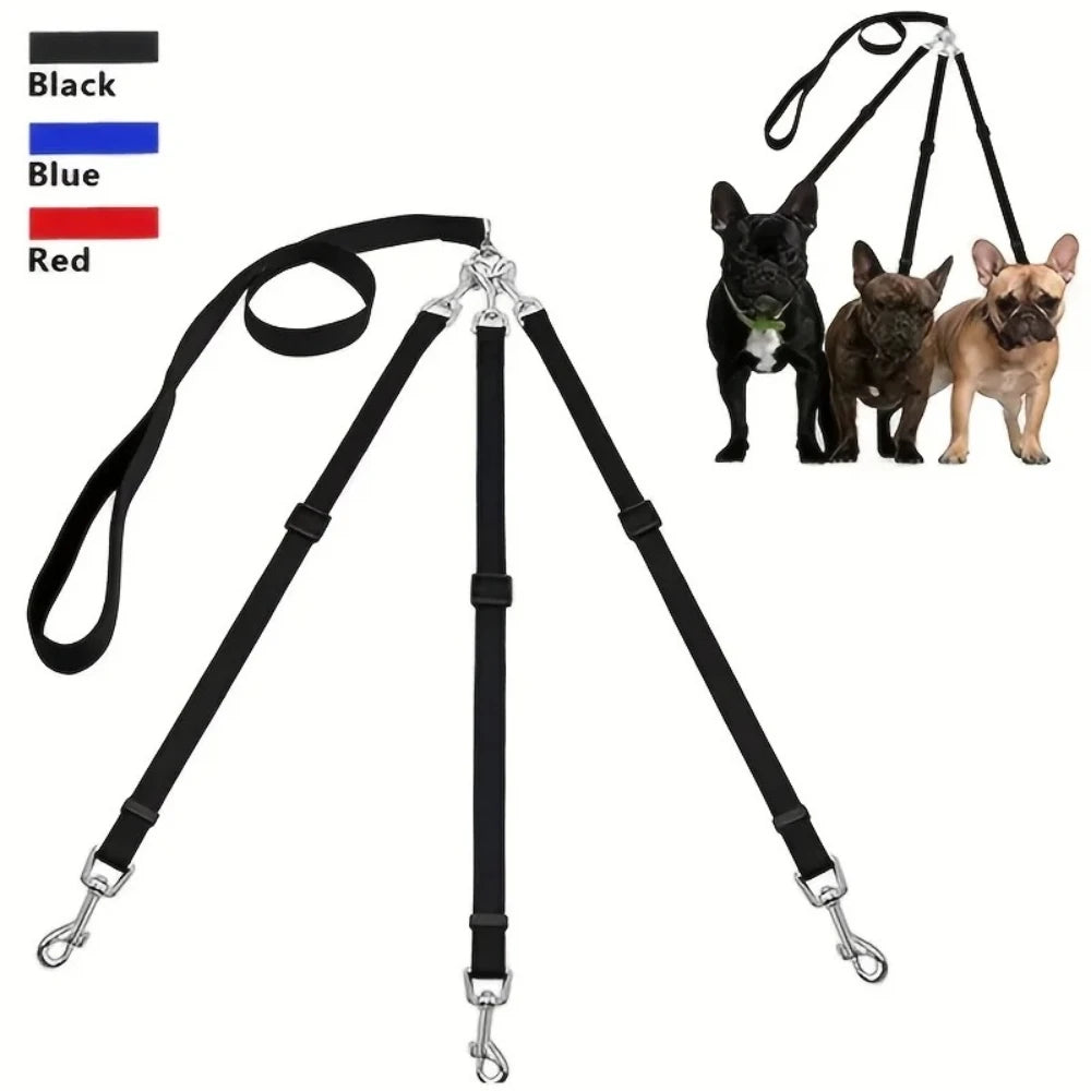 A black nylon dog leash with a padded handle is shown alongside several dogs.