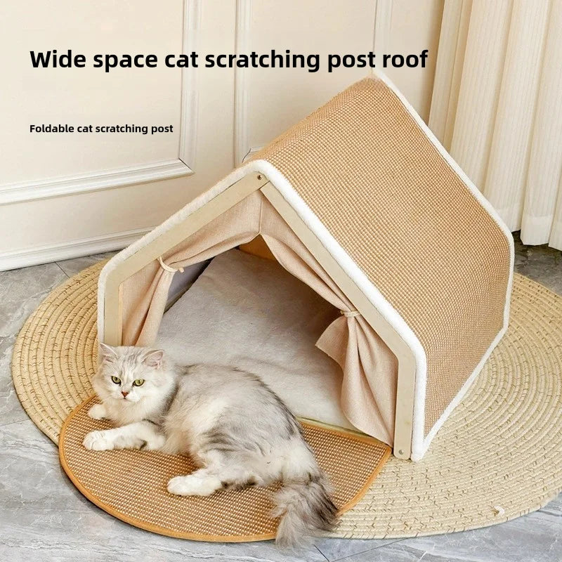 A fluffy gray cat is relaxing on a wide space cat scratching post made of natural fibers.