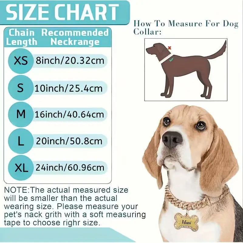 Size chart and example of a dog collar for measuring pet neck girth.