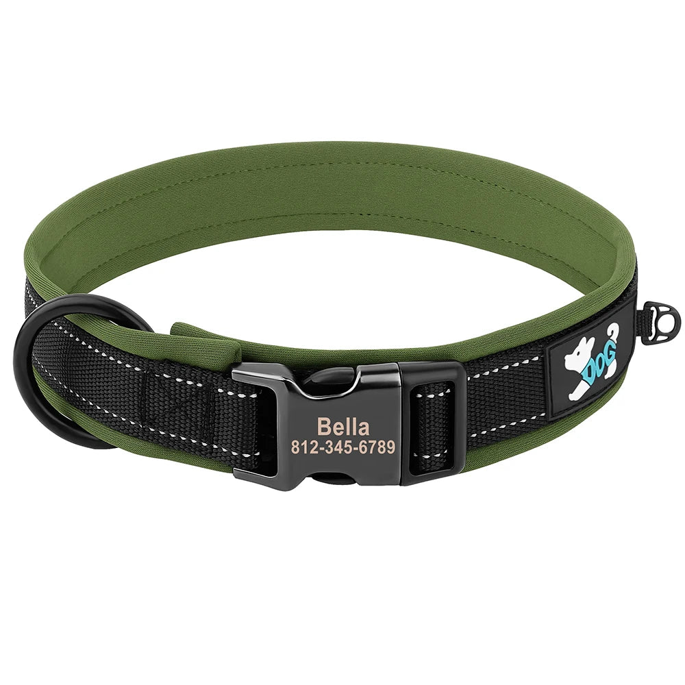 Olive green dog collar with a black buckle and a white silhouette of a dog engraved on the strap