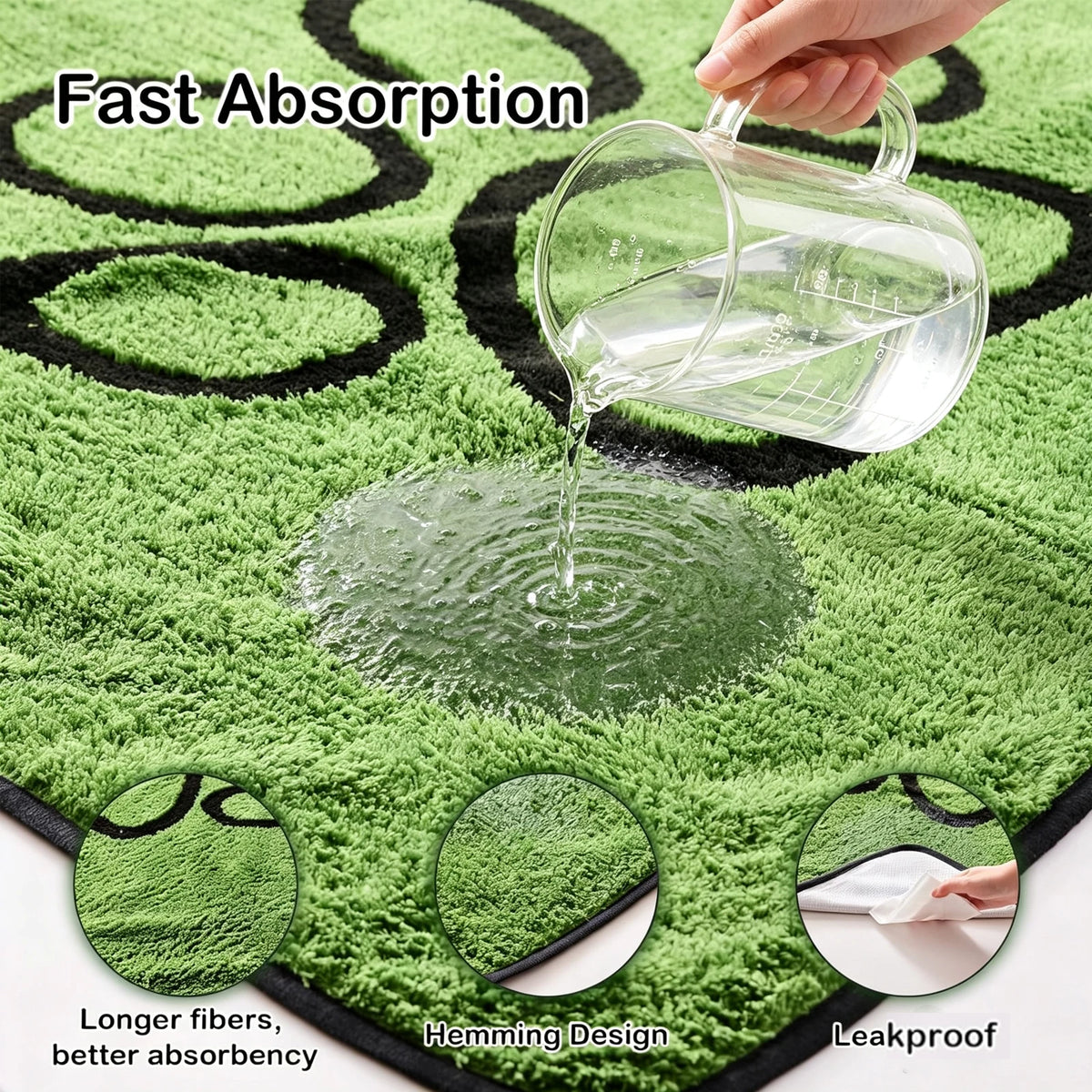 A clear liquid is being poured onto a green absorbent mat, demonstrating fast absorption and leakproof features.