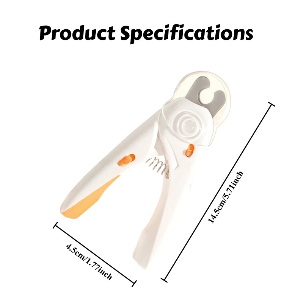 A white pet nail clipper tool is shown with orange accents, demonstrating its size and shape.