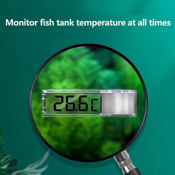 A close-up view of a digital thermometer displaying 26.6°C, monitoring fish tank temperature.