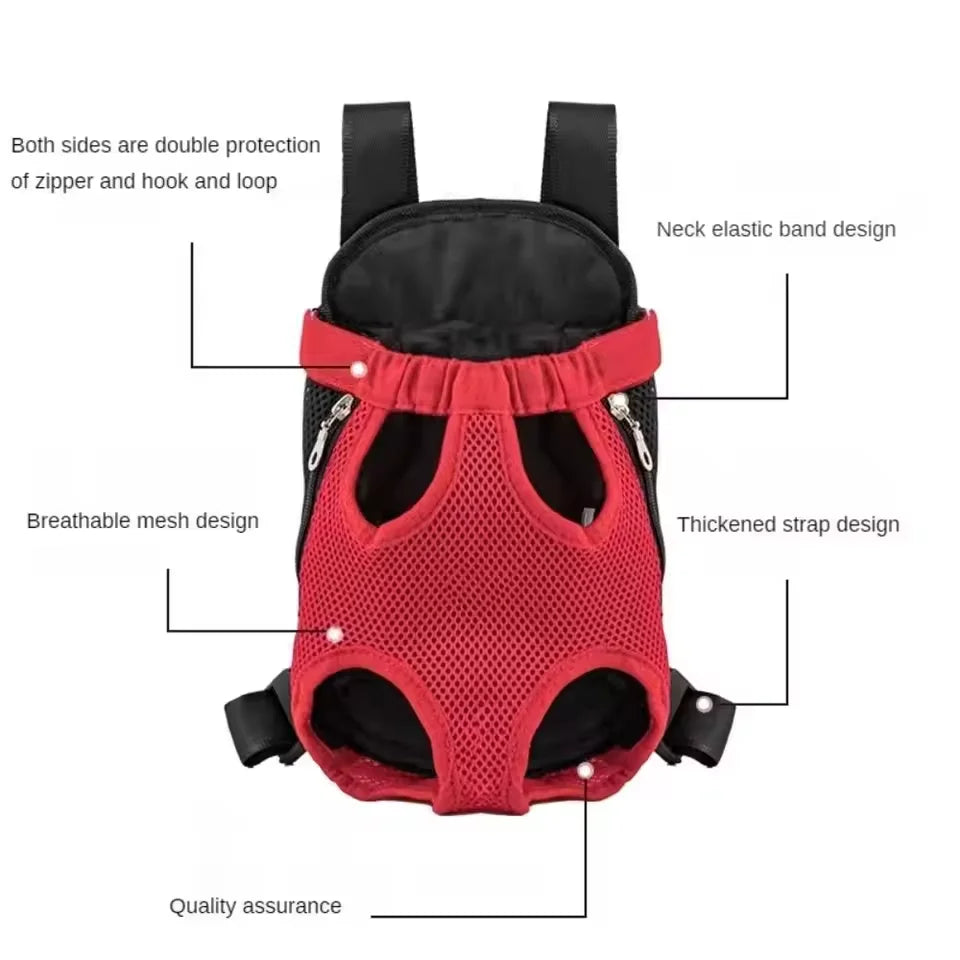 A red breathable mesh pet carrier backpack designed for dogs and cats with double protection features.