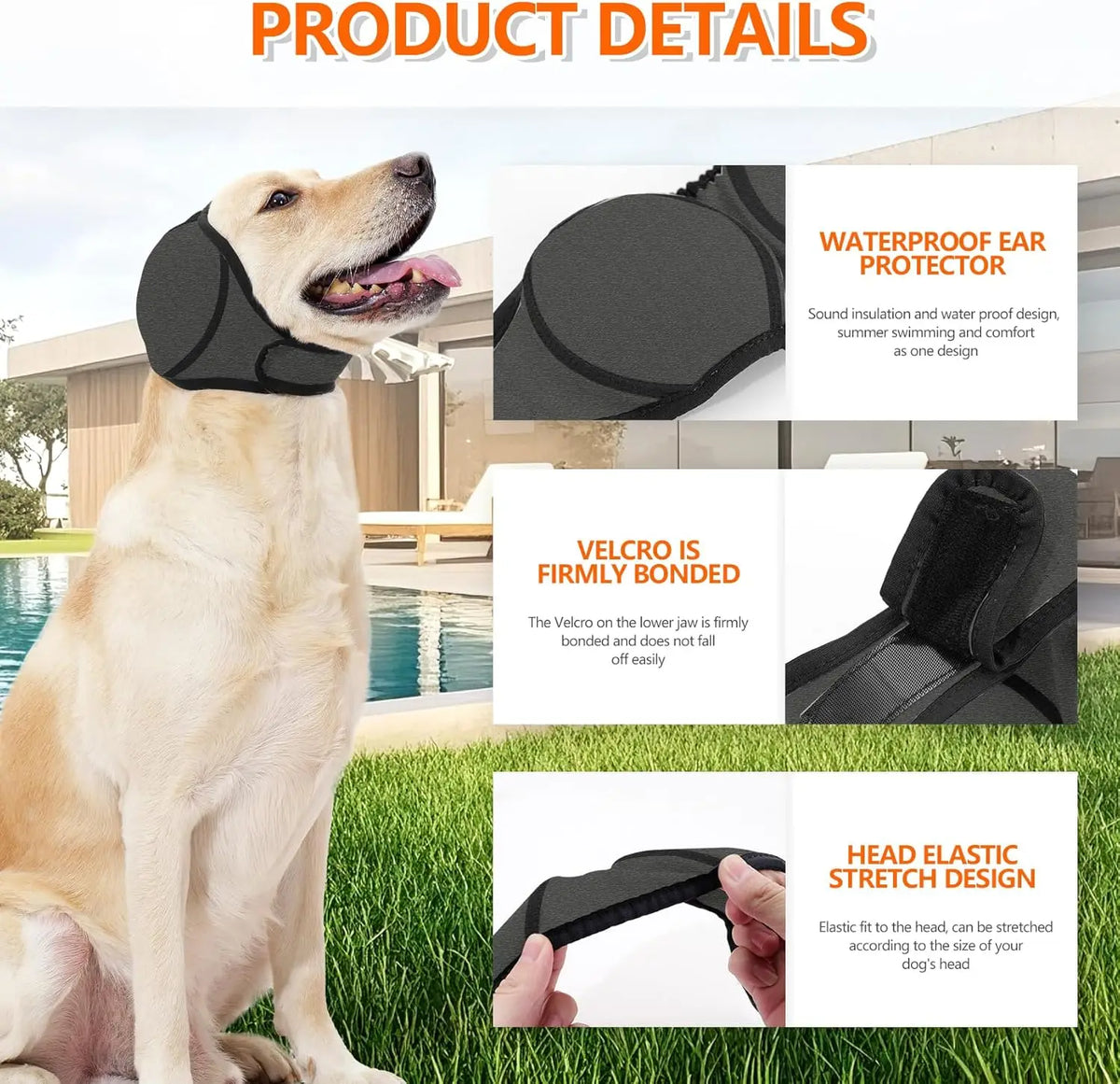 A light-colored dog is wearing a black waterproof ear protector designed for sound insulation and comfort.
