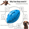A blue indestructible squeaky rugby ball dog chew toy surrounded by icons illustrating benefits like training and dental care