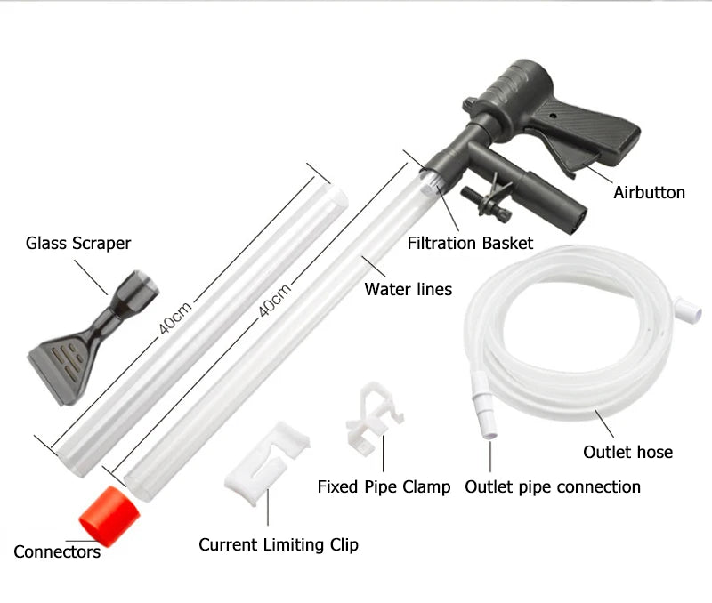 Diagram showing the components of a manual aquarium water change pump and gravel cleaner including an airbutton, filtration b