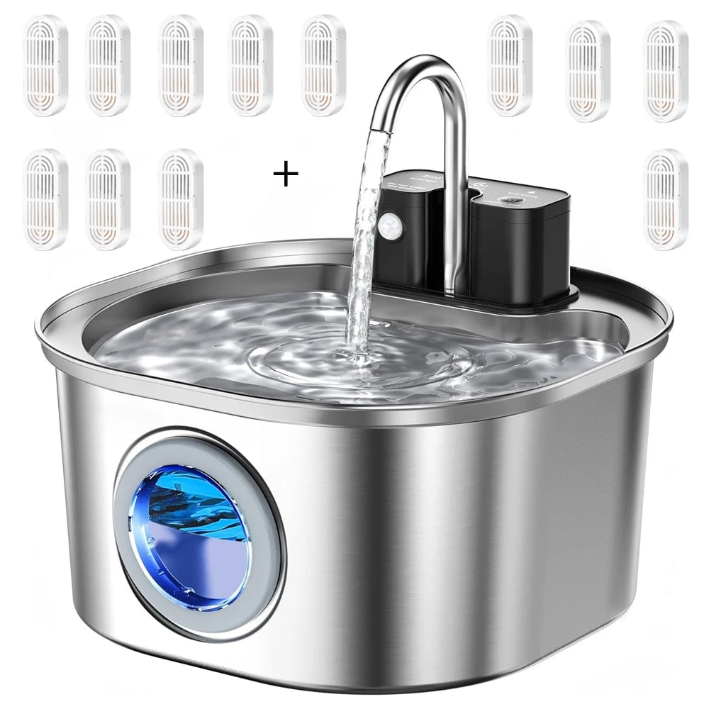 A stainless steel pet water fountain with a sensor flow mechanism and multiple water flow options.