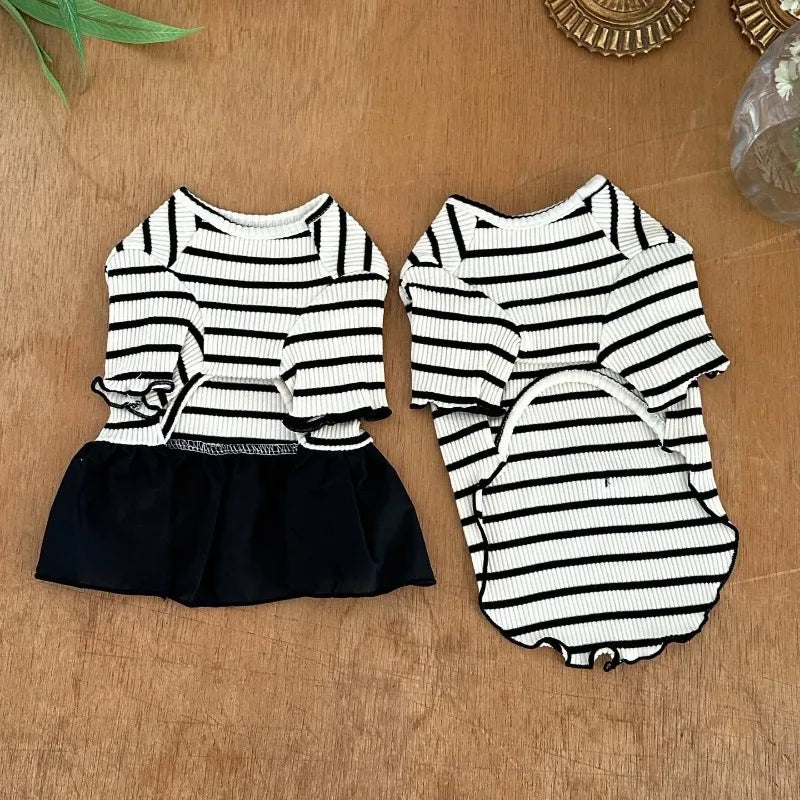 Striped Bow Accent Dog Dress with Flutter Sleeves for Small Breeds