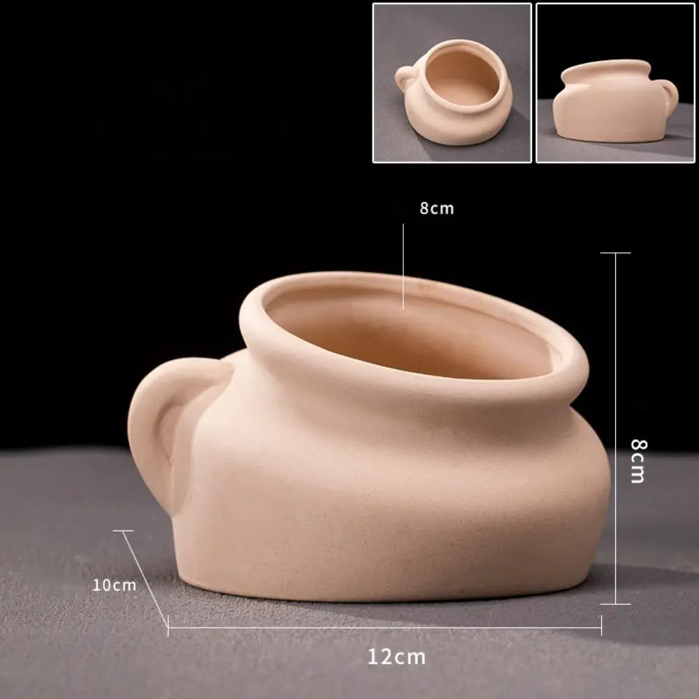 A beige ceramic aquarium shrimp hideaway cave pot shown from the side with dimensions.