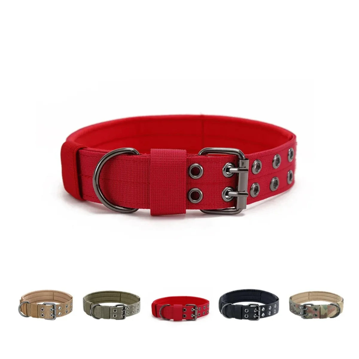 A red heavy-duty tactical dog collar with a buckle and padded comfort features shown in various shades.
