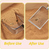 Before and after images showing a stainless steel cat litter scoop used to transfer litter.