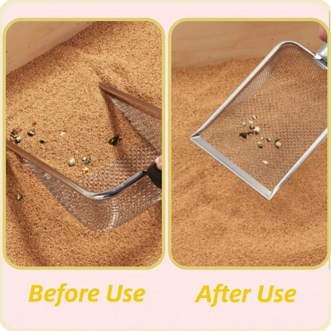 Before and after images showing a stainless steel cat litter scoop used to transfer litter.