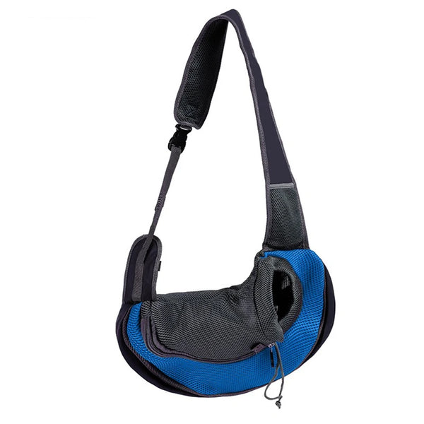 A black and blue breathable pet carrier backpack designed for small dogs and cats.
