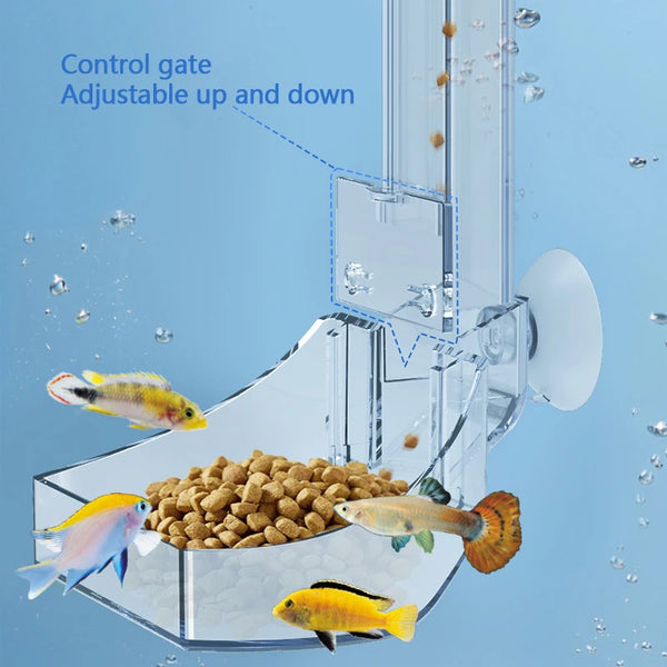 A transparent aquarium fish feeding tube with an adjustable control gate is shown dispensing food into a tank.