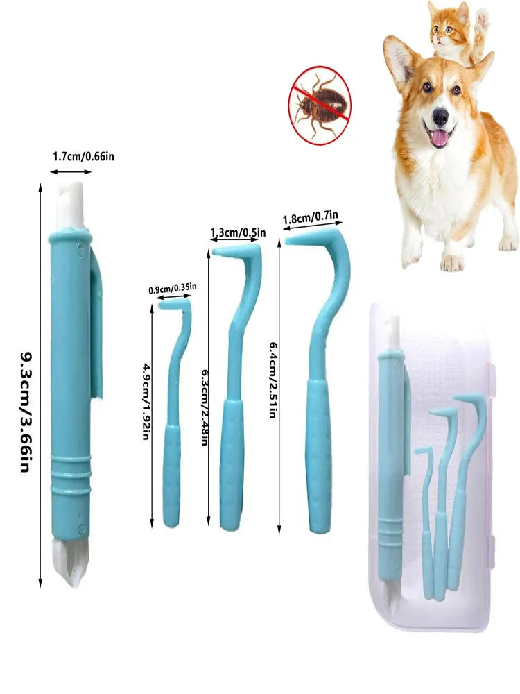 A 4-piece pet tick and flea removal tool kit with various sized tweezers and a cleaning case.