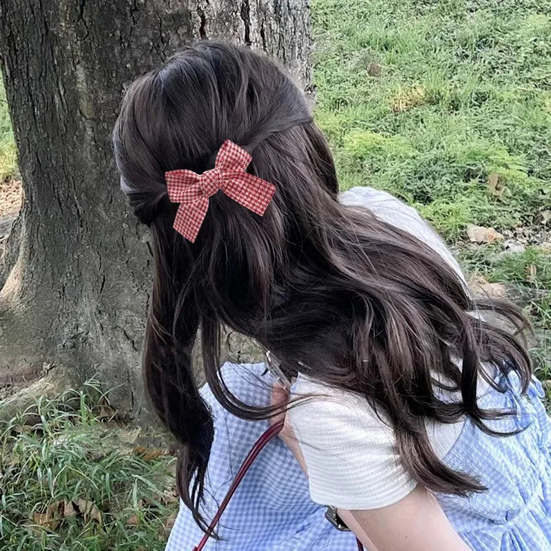 Red Plaid Fabric Bow Hair Clips for Girls