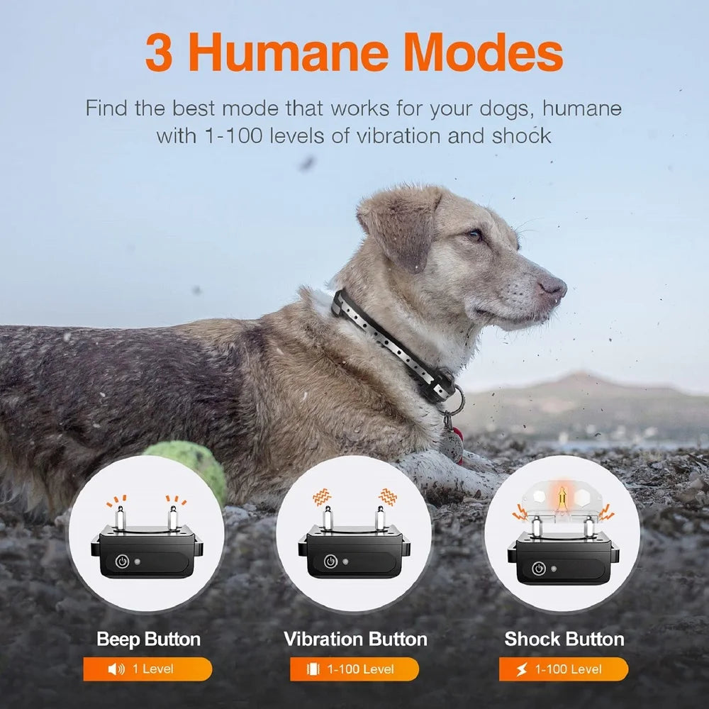 A dog wearing a black bark collar is shown next to icons illustrating the beep, vibration, and shock modes.