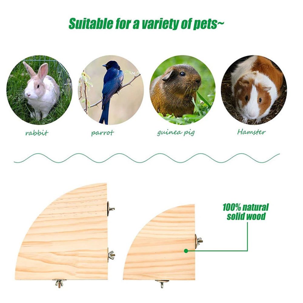 Fan-shaped wooden bird perch with multiple sizes shown alongside various pets