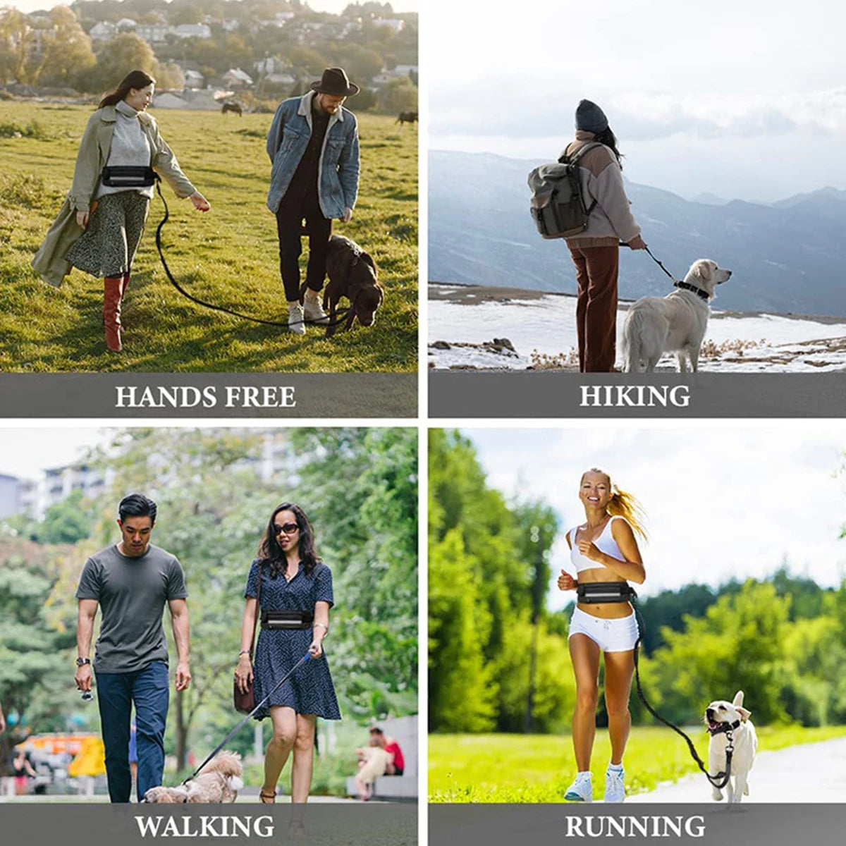 People enjoying outdoor activities like hiking, walking, and running with dogs using a hands-free leash system.