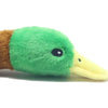 A plush toy of a duck with green feathers and a yellow beak, featuring a chew rope.