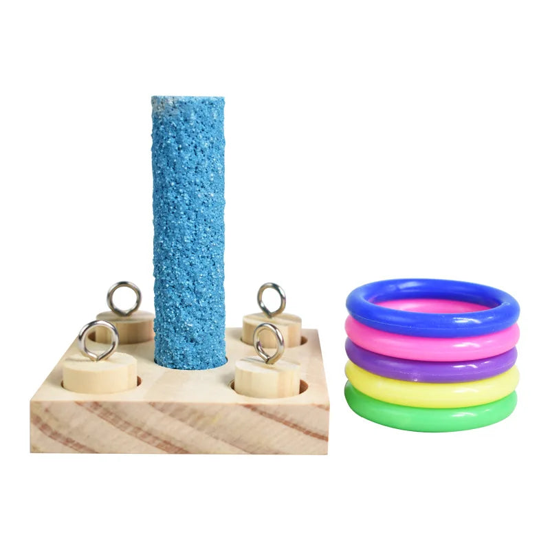 A tall blue cylindrical puzzle toy made of stacked wooden rings.