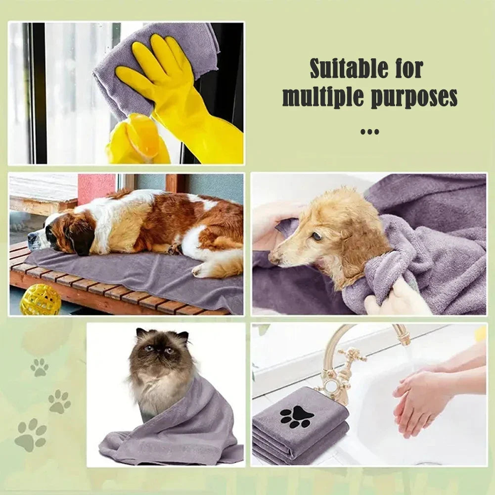 A collection of purple and yellow pet bath towels shown in various uses, including for pets and hands.