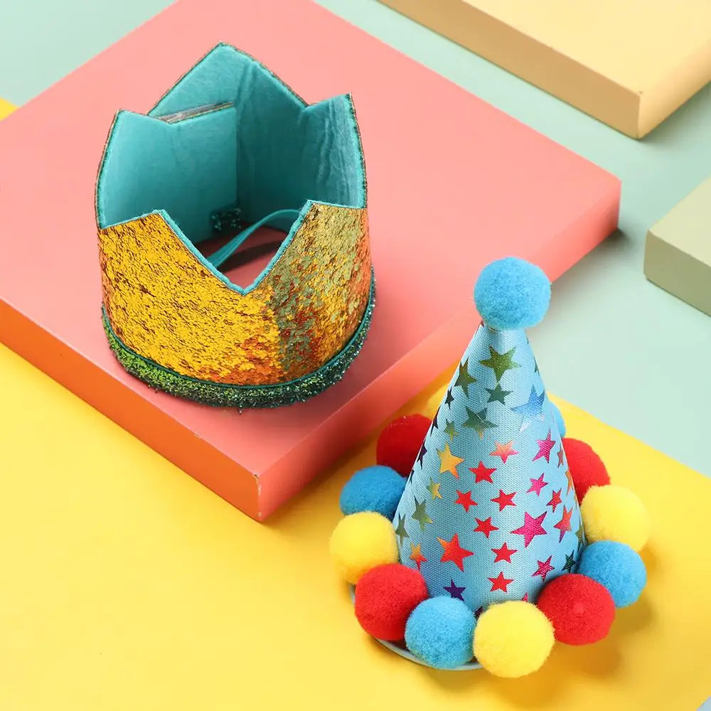 A colorful pet party headwear and bib set for dogs and cats featuring sequins, tulle, and bright colors.