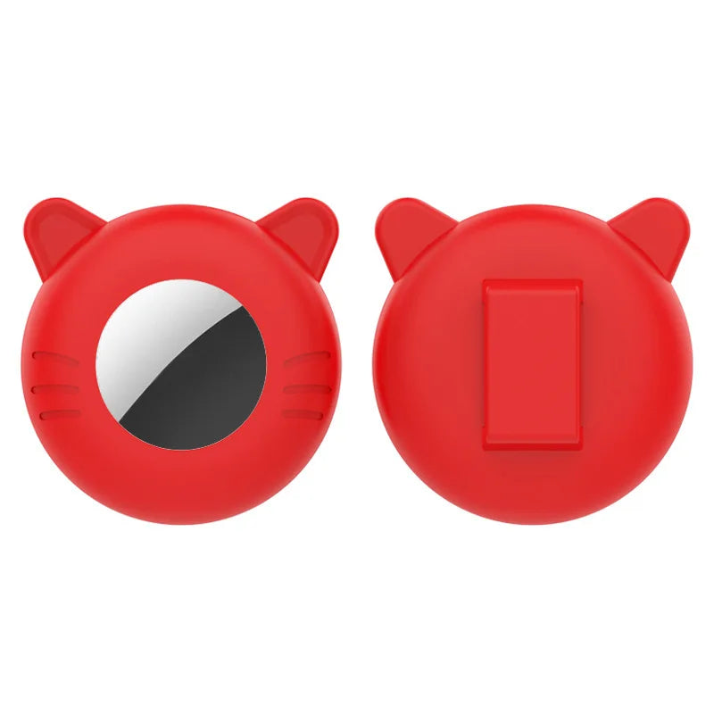 A pair of red silicone collar holders shaped like cat heads for pets.