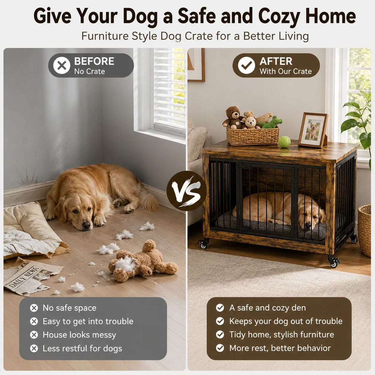 Wooden Dog Crate Furniture with 3 Doors and Locking Wheels