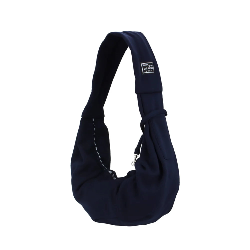 Marineblaue tragbare Tiertasche mit Schnürverschluss.
