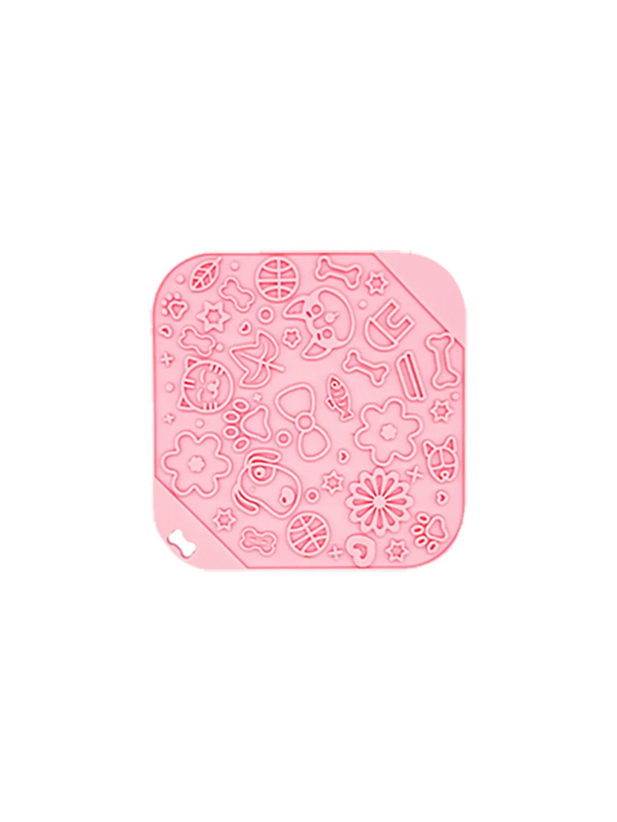 Pink silicone interactive dog lick mat with various pet shapes and textures for calming slow feeding