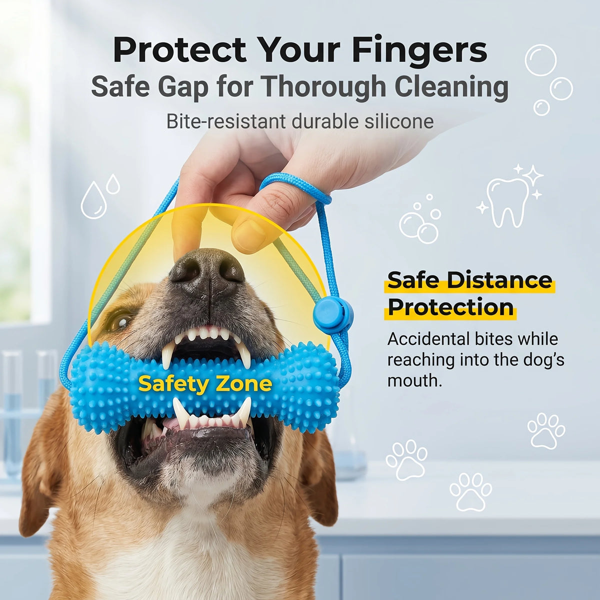 A hand holds a yellow silicone gap protector designed to create a safe distance for thorough dog cleaning.