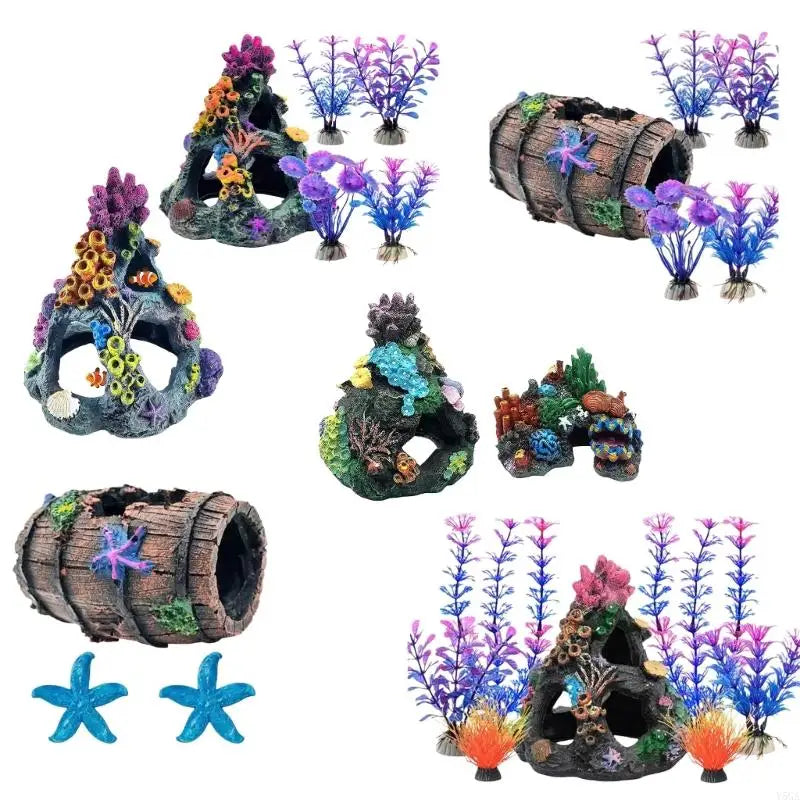 A collection of resin fish tank ornaments featuring colorful coral, sea life, and marine textures.
