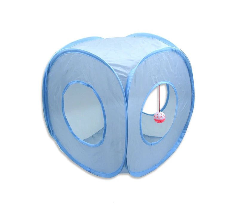 Light blue foldable cat tunnel with a round peep hole