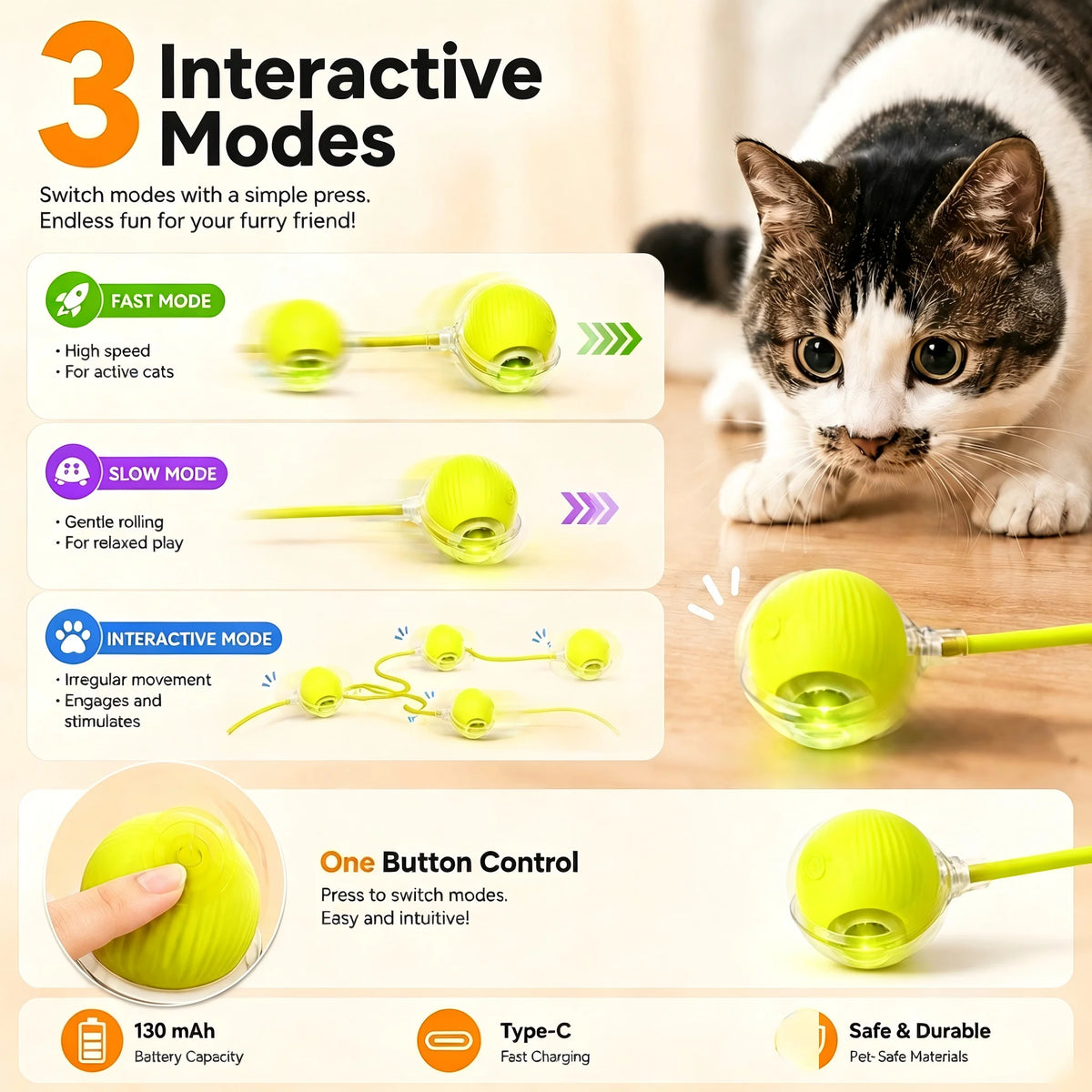 A yellow smart self-rolling cat ball toy shown in various modes and with a cat, demonstrating fast, slow, and interactive pla