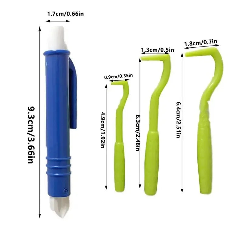 A set of four pet tick and flea removal tools in blue and lime green colors with specified dimensions.