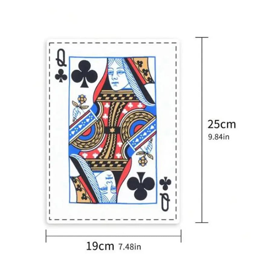 A tarot card featuring a Queen of Clubs, with detailed illustration and measurements.