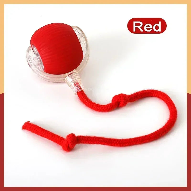 Roter, smarter interaktiver Katzenspielball mit Schnur zum Spielen.