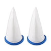 Two white conical pool filter bags with blue bases for sand and silt removal