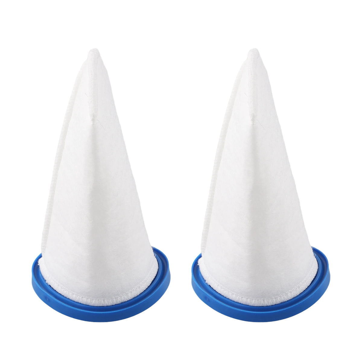 Two white conical pool filter bags with blue bases for sand and silt removal