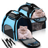 A light blue portable foldable pet carrier for a cat is shown with accessories.