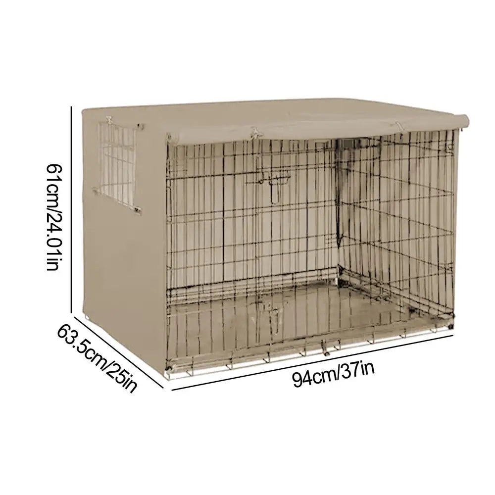 A beige waterproof dog crate cover with mesh windows shown from the side.