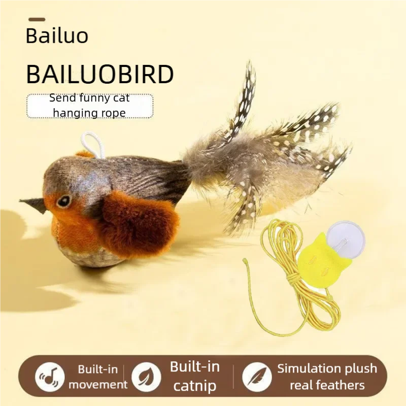A Bailuobird toy featuring realistic feathers and catnip, designed for built-in movement.